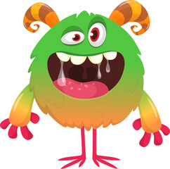 Fototapeta premium Cartoon cute and funny monster creature character design with scary horns and face expression waving hands . Vector illustration. For Halloween party decoration or package design