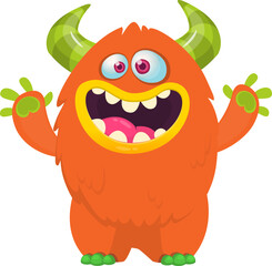 Fototapeta premium Cartoon cute and funny monster creature character design with scary horns and face expression waving hands . Vector illustration. For Halloween party decoration design