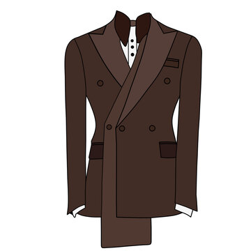 Portrait of a dark brown Tuxedo suit with a dark brown bow tie with against a white background.