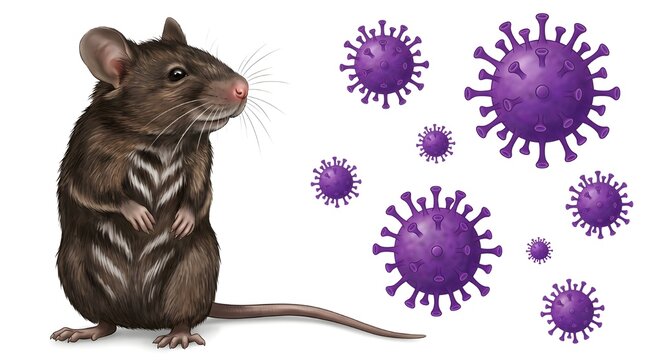 Brown mouse standing beside multiple floating purple coronavirus cells on a clean solid white background