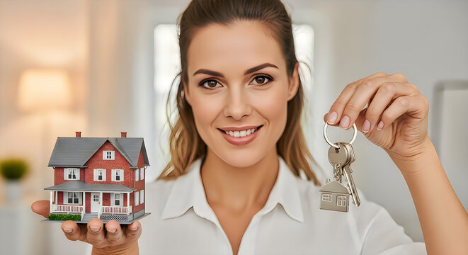 Woman holding miniature red house model, person grasping silver metal keychain with small building charm, smiling individual new property ownership keys, bright indoor home office environment.