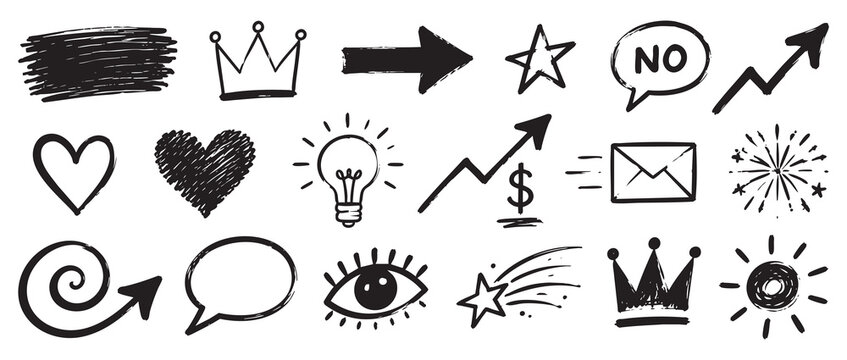 Collection of hand drawn doodle elements including crowns, hearts, arrows, speech bubbles, light bulb, eye, and stars isolated on white background.