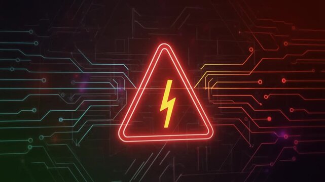 Neon triangular warning sign with lightning bolt, symbolizing electrical hazard, digital circuits, modern safety technology, and high voltage danger
