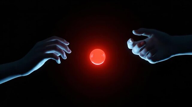 Two hands reaching towards a glowing red sphere in a dark conceptual space