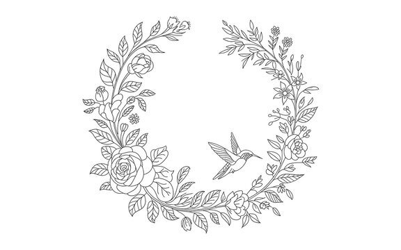 Floral Wreath With Hummingbird Black And White Vector Illustration