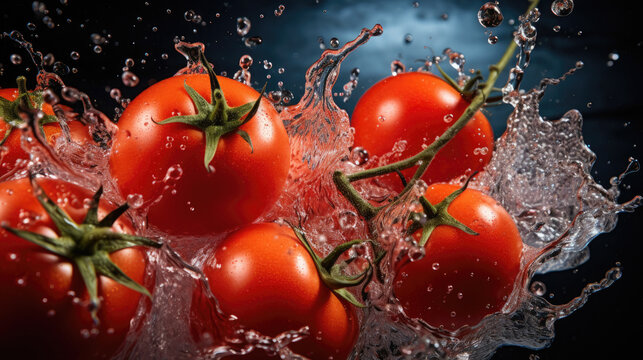 Fresh red tomatoes on the vine with dynamic water splash on dark background