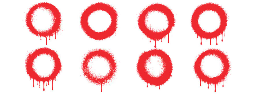 Set of red spray paint circles with drips, graffiti style circular frames