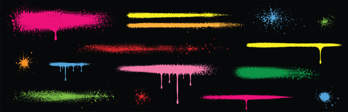 Collection of various vibrant spray paint lines, drips, and ink splatters isolated on a black background for urban street art design elements.