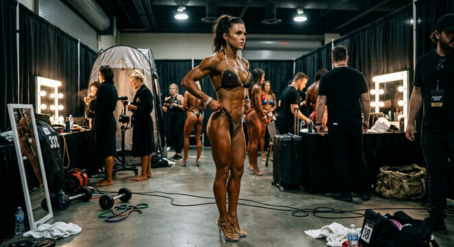 Female bodybuilder poses confidently on stage backstage with people and equipment around her