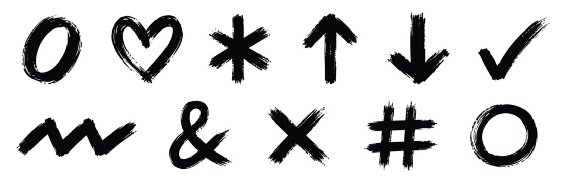 Collection of hand drawn brush stroke symbols including heart, arrows, check mark, ampersand, cross, and hashtag isolated on white background.