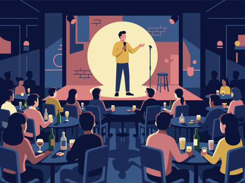 Man Performing Stand Up Comedy Show on Stage with Microphone and Spotlight in Front of Audience at Night Club