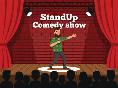 Bearded Male Stand Up Comedian Performing on Stage in Front of Audience at Night Club Comedy Show Illustration
