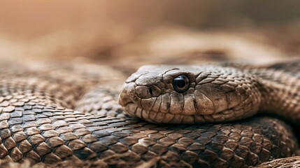 Obraz premium Snake head resting on coiled body, displaying detailed scales, eyes, and earthy tones with shallow depth