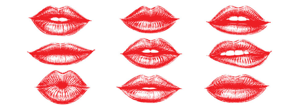 Set of handdrawn red lips, various expressions and shapes, sketch style illustration isolated on white background