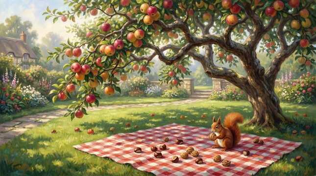 A squirrel sits on a red and white checkered picnic blanket under a tree with apples in a garden with a house in the background on a sunny day