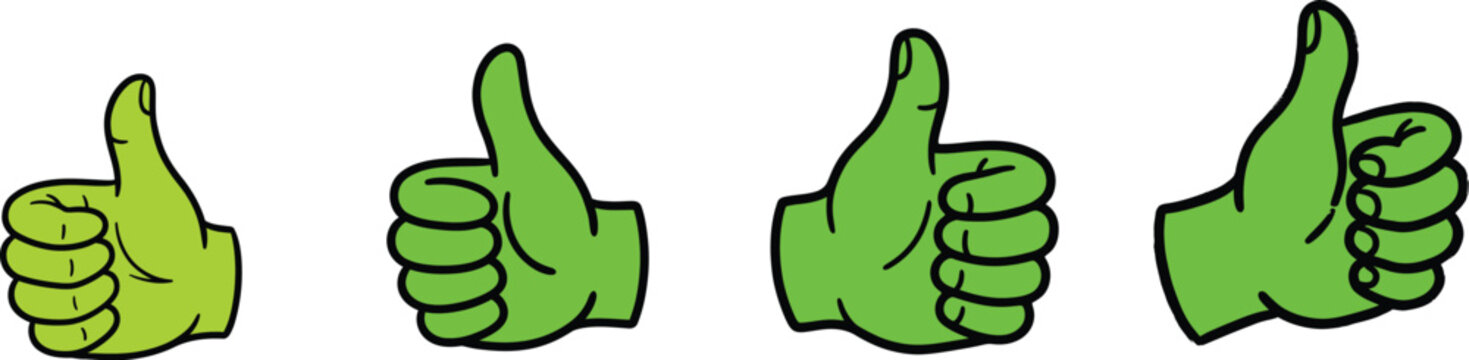 Set of four green hand gestures showing thumbs up signs isolated on transparent background for positive feedback and approval concept with varying sizes for digital interface design or web graphics