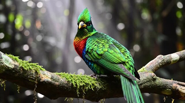 Vibrant resplendent quetzal bird perched on mossy jungle branch