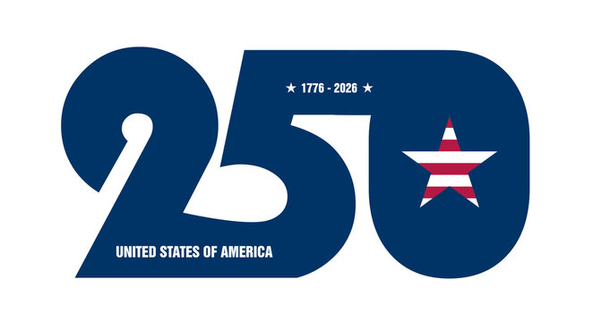USA 250th anniversary minimalist modern blue logo isolated on white or transparent background, png cut out. 250 years of the united States of America badge or icon flatlay illustration