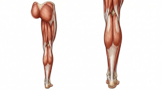 Detailed posterior human leg muscle anatomy illustration on white