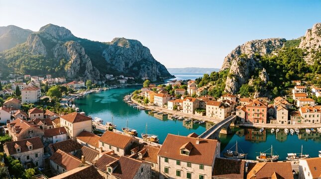 Ultra high resolution panoramic view of Omis old town with orange terracotta roofs, Cetina river and deep limestone canyon mountains, Dalmatia, Croatia