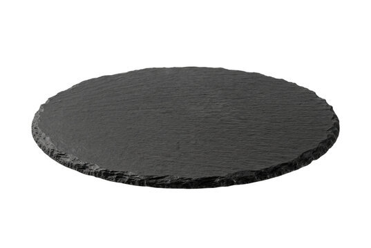 Round black slate plate serving board, isolated on transparent background