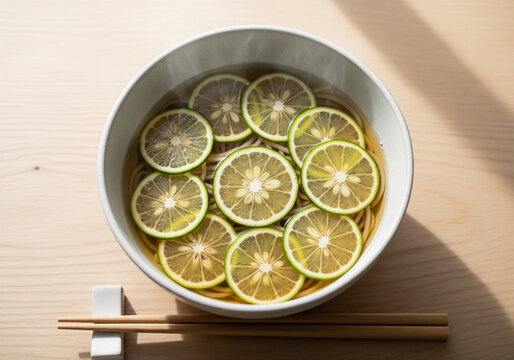 淡いマットな器に盛り付けられた緑が美しいすだち蕎麦
