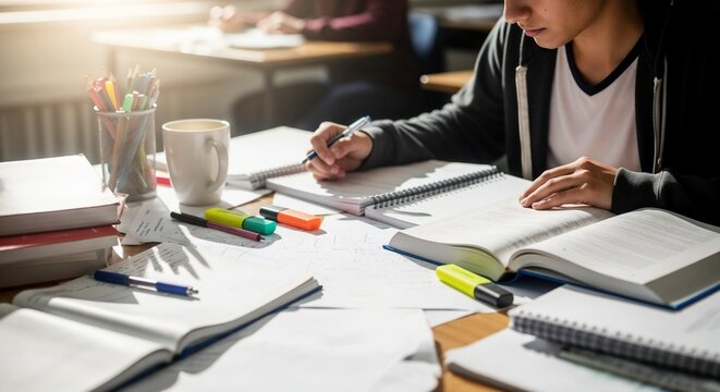 Student studying with messy desk and open books covered in notes and stationery items. Student engaged in studying with colorful pens, highlighters, and a cup of coffee spread across the messy desk.