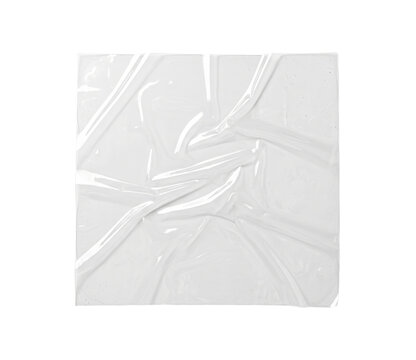 Wrinkled square white plastic sticker texture mockup, isolated on transparent background