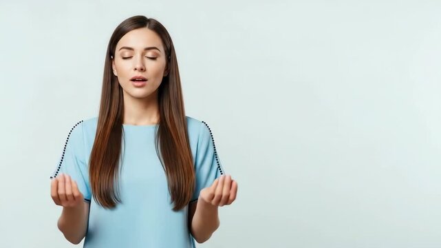 A young woman standing with closed eyes while holding her hands out forward