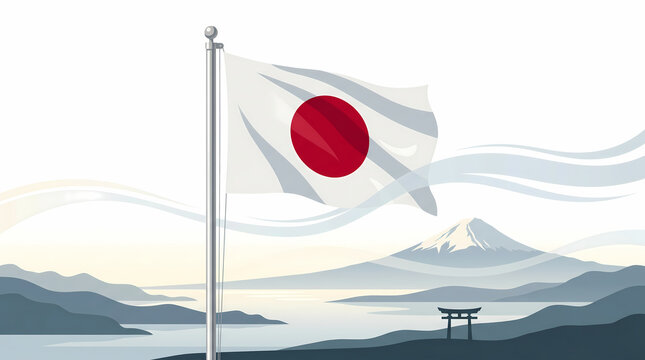 Japan National Flag with Mount Fuji and Torii Gate Premium Vector Illustration