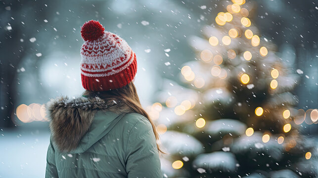 Back view of a woman in winter hat looking at blurred Christmas tree lights in the snow