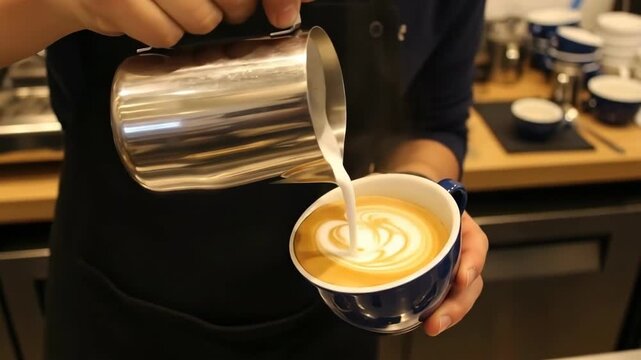 Barista pouring steamed milk to create latte art in a ceramic coffee cup