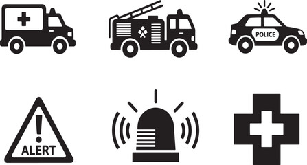 Emergency Services and Alert Icon Set - Ambulance, Fire Truck, Police Car, Alert Warning Sign, Siren, and First Aid Cross Vector Icons © Rodla