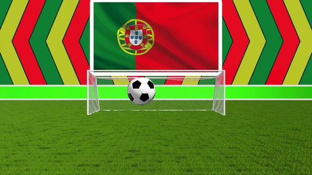 Soccer Ball Flying into Football Goal Net with Portugal Flag and Motion Chevron Background
