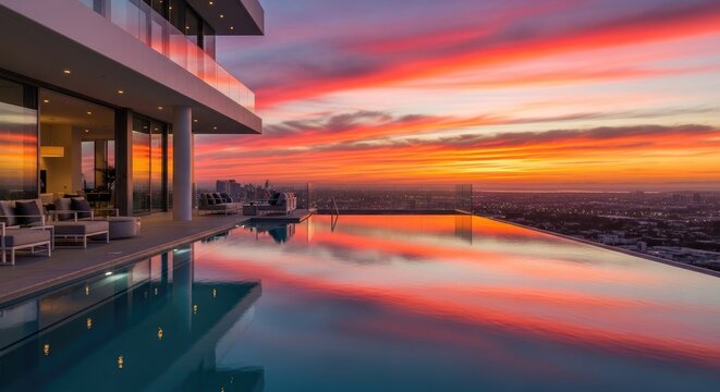 Elegant modern architecture with an expansive infinity pool reflecting the vivid hues of a breathtaking sunset sky above a panoramic city view.