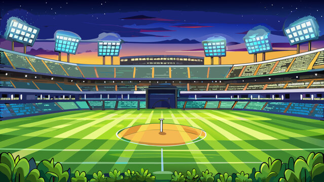 Baseball stadium, cartoon sports field, green grass, evening lights, vector illustration