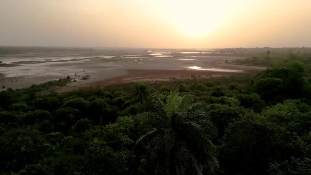aerial landscape view of Casamance river delta Senegal in Africa with wetlands and marsh and mangroves forest, pristine environment