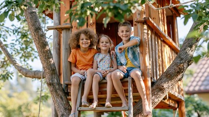 Obraz premium Happy children friends enjoying summer playtime in wooden treehouse, smiling together outdoors in sunny backyard garden