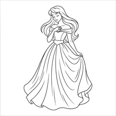 Fototapeta premium Beautiful young princess wearing a long elegant ball gown dress standing gracefully in a simple black and white line art