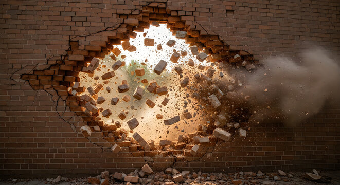Brick wall exploding into small pieces, large hole through center of masonry structure explosion, debris flying across bright light from outside, construction site destruction damage blocks rubble.