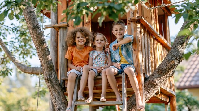 Happy children friends enjoying summer playtime in wooden treehouse, smiling together outdoors in sunny backyard garden