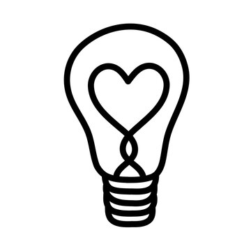 Hand made light bulb with heart shape icon isolated on white background