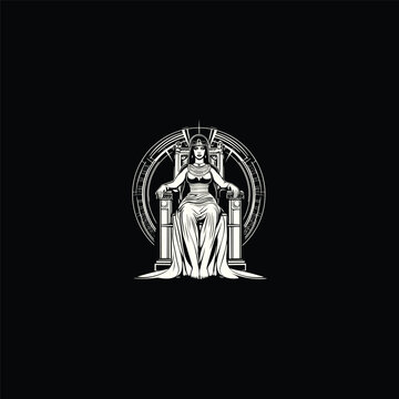engraving illustration of an ancient Egyptian queen or goddess sitting majestically on an ornate throne