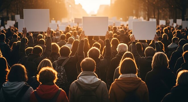 Large group of diverse students protesting with blank signs at sunset on university campus
