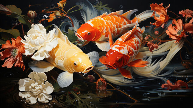 Artistic painting of vibrant koi fish swimming among blooming flowers in dark pond