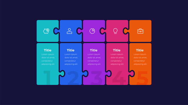 Five Section Horizontal Puzzle Card Infographic with Connected Columns for Business Workflow on Dark Background