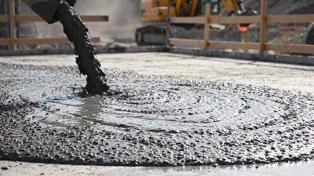 Concrete being poured in a circular pattern onto a construction site surface, showcasing the continuous flow of material from a chute in a bright outdoor setting