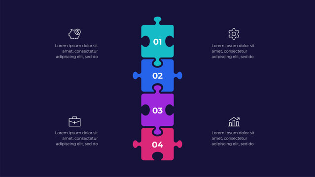 Four Step Vertical Puzzle Process Infographic with Numbered Pieces for Business Workflow on Dark Background