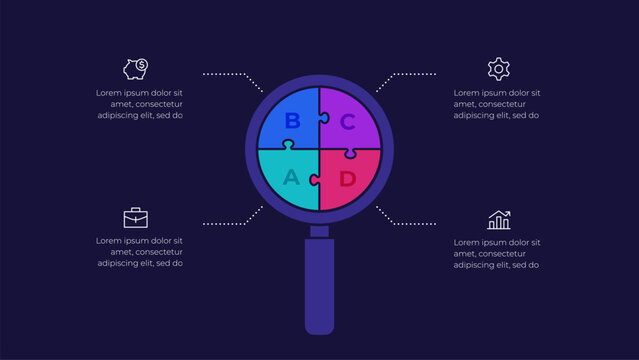 Four Section Magnifying Glass Puzzle Analysis Infographic for Business Research and Strategy on Dark Background