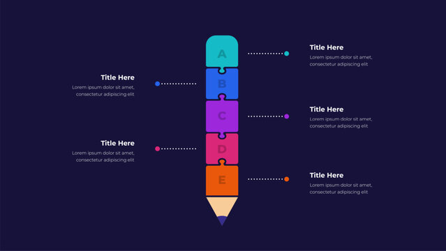 Five Step Puzzle Pencil Infographic for Creative Planning, Business Workflow and Project Strategy on Dark Background